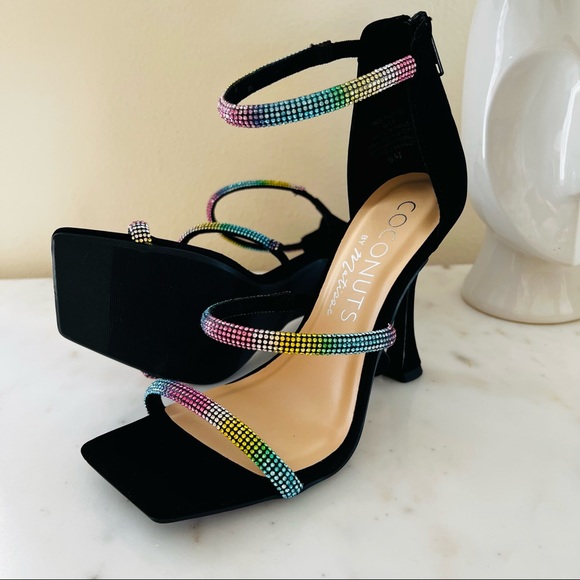 Coconuts by Matisse High Flared Heel Square Tow Rhinestone Strap Sandals Pumps - Picture 2 of 7